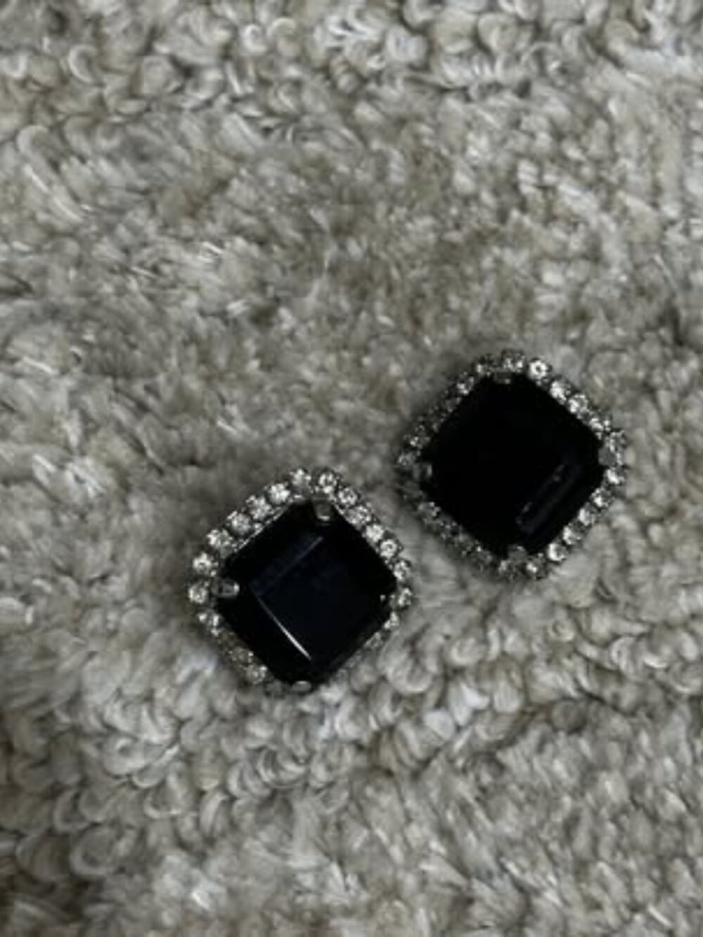 Vintage Black Square Stud Earrings with Rhinestone Halo